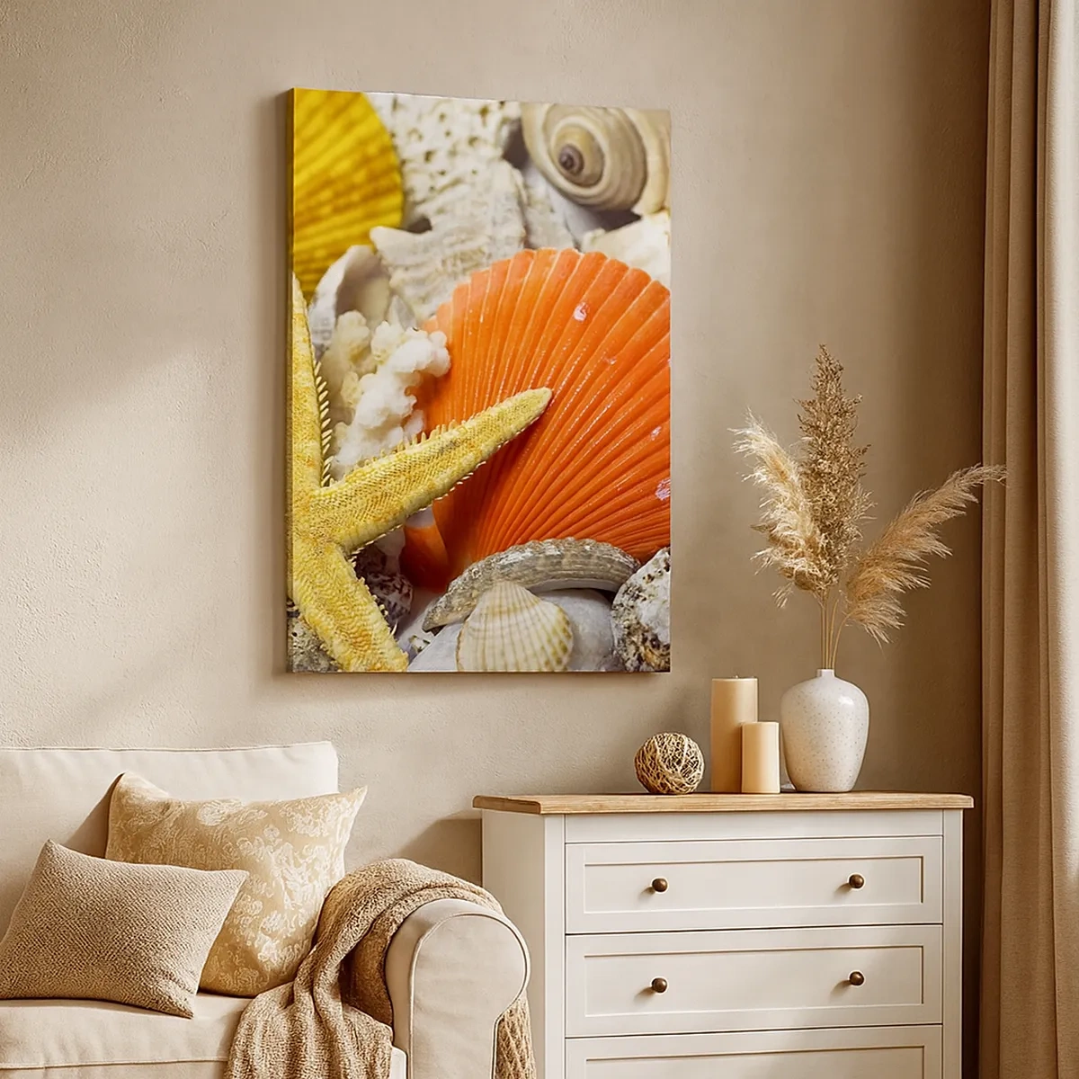 Bild auf Leinwand - Leinwandbild - Muscheln und Seesterne in einer Meereskomposition - 50x70cm - Schätze des Ozeans - Moderne Wanddekoration für Wohnzimmer und Schlafzimmer ARTTOR