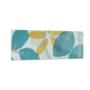 Glasbild - Bild auf glas - Blätter in Türkis- und Gelbtönen auf hellem Hintergrund - 140x50cm - Unter den azurblauen Blättern - Moderne Wanddekoration für Wohnzimmer und Schlafzimmer ARTTOR