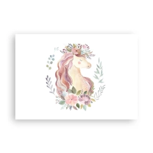 Poster - Ein Einhorn in Pastellfarben, umgeben von Blumen - 100x70cm - Eine Einladung in die Welt der Märchen - Moderne Wanddekoration für Wohnzimmer und Schlafzimmer ARTTOR