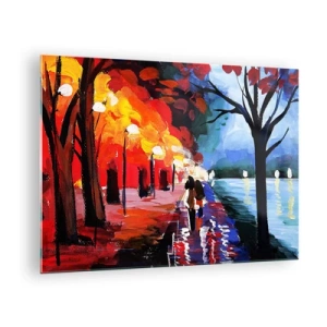 Glasbild - Bild auf glas - Ein Paar spaziert abends in einem farbenfrohen Park - 70x50cm - Strahlender Herbst im Park - Moderne Wanddekoration für Wohnzimmer und Schlafzimmer ARTTOR