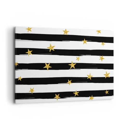 Bild auf Leinwand - Leinwandbild - Schwarz-weiße Streifen mit goldenen Sternen - 100x70cm - Wir wurden alle unter einem glücklichen Stern geboren - Moderne Wanddekoration für Wohnzimmer und Schlafzimmer ARTTOR