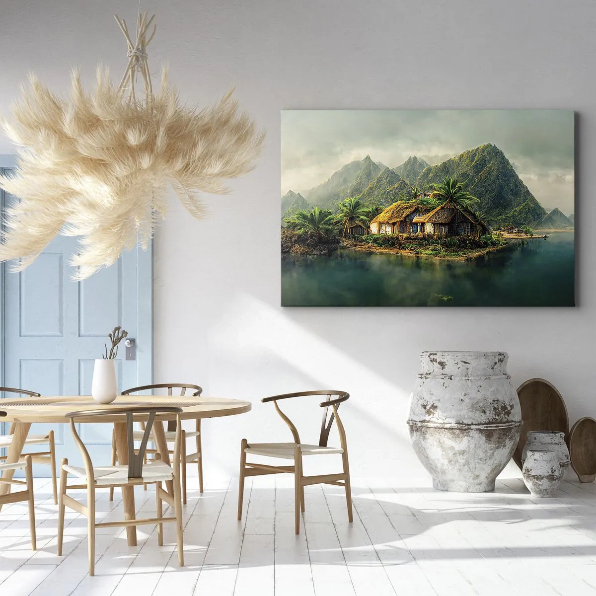 Bild auf Leinwand - Leinwandbild - Eine tropische Insel mit Palmen und Bergen im Hintergrund - 100x70cm - Tropisches Paradies - Moderne Wanddekoration für Wohnzimmer und Schlafzimmer ARTTOR