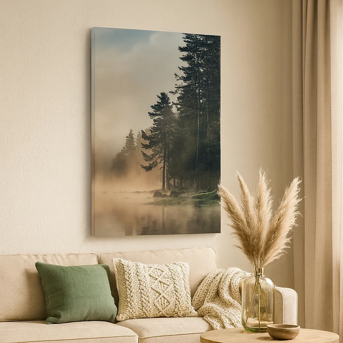Bild auf Leinwand - Leinwandbild - Ein nebliger Wald über einem ruhigen See - 50x70cm - Die Geburt des Tages - Moderne Wanddekoration für Wohnzimmer und Schlafzimmer ARTTOR