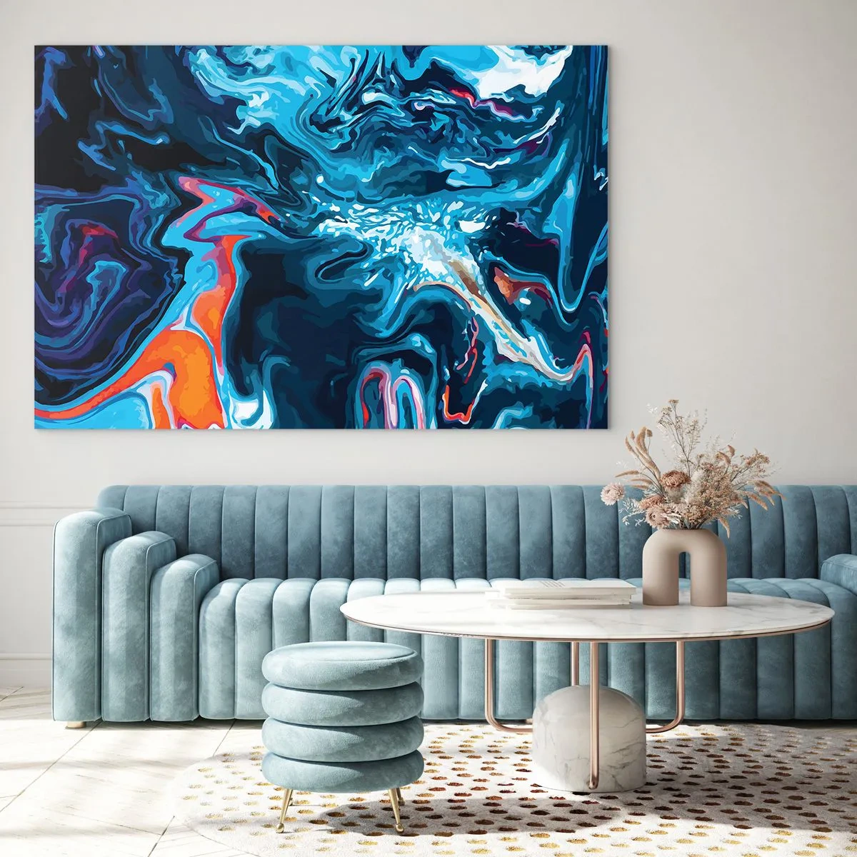 Glasbild - Bild auf glas - Ein abstraktes Muster in Blautönen mit Akzenten in Rot und Weiß. - 70x50cm - Reise ins Zentrum des Himmels - Moderne Wanddekoration für Wohnzimmer und Schlafzimmer ARTTOR