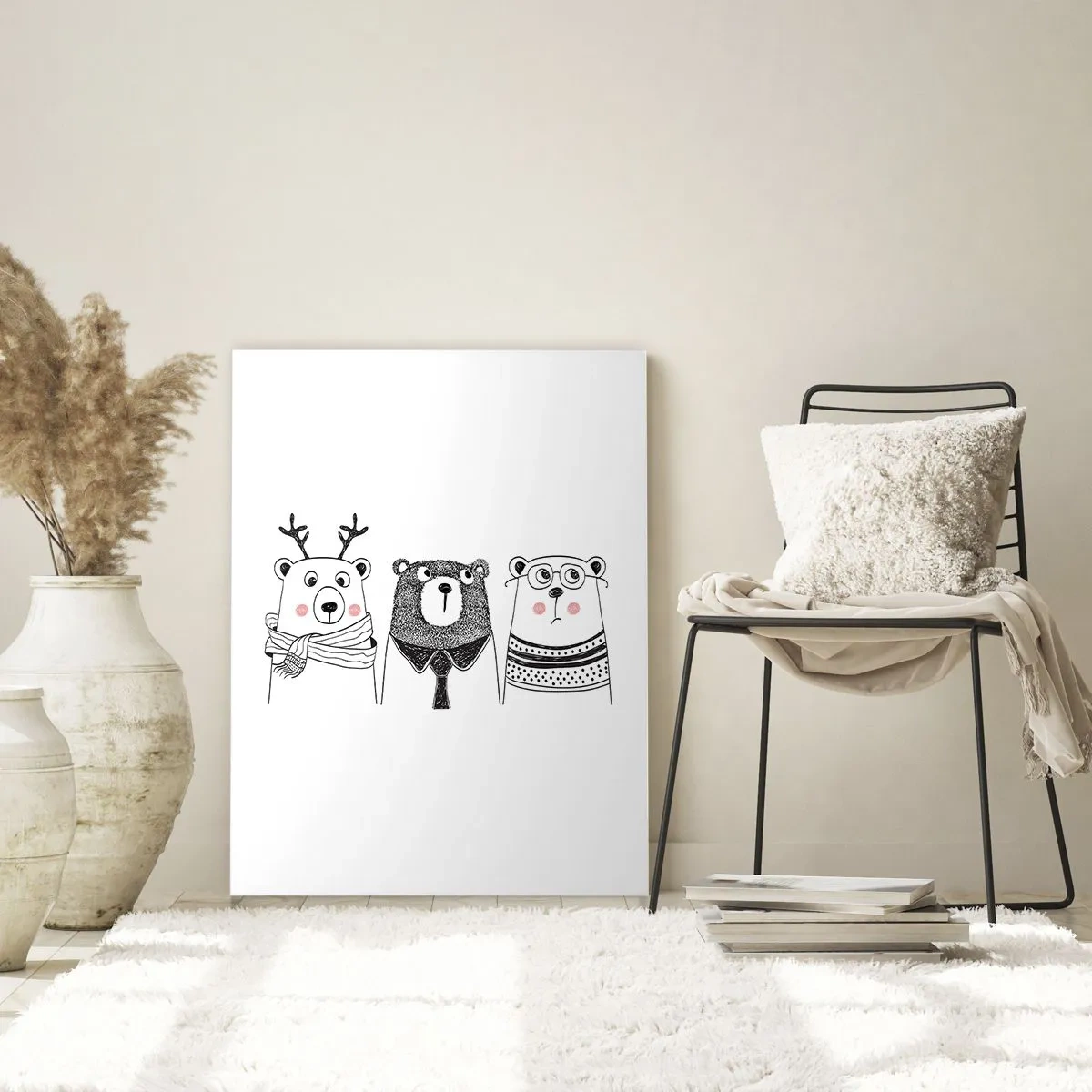 Glasbild - Bild auf glas - Drei lustige Bären in einer Schwarz-Weiß-Illustration - 50x70cm - Teddybär, Teddybär und Bär - Moderne Wanddekoration für Wohnzimmer und Schlafzimmer ARTTOR