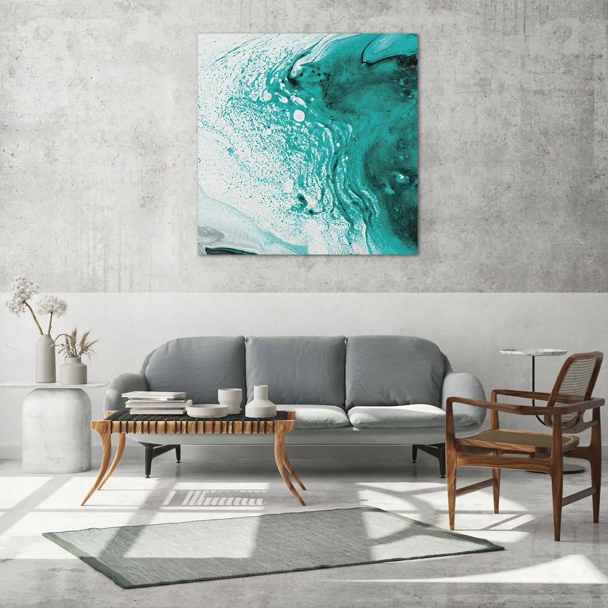 Glasbild - Bild auf glas - Verschmelzen in Weiß und Türkis - 60x60 cm