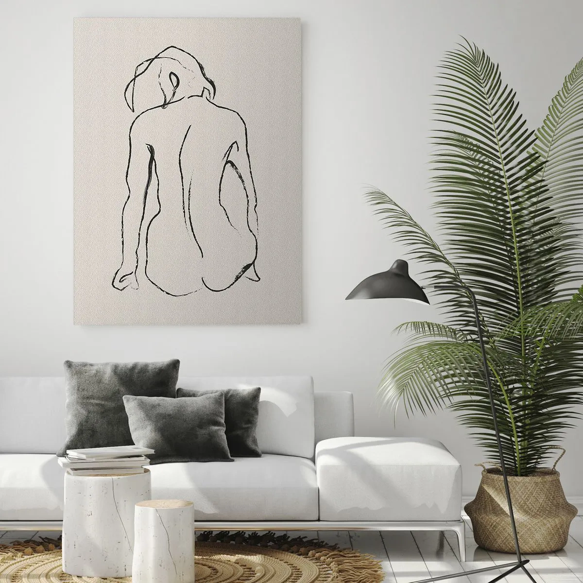 Glasbild - Bild auf glas - Eine zarte Skizze einer sitzenden Frau, in Schwarz auf hellem Hintergrund gezeichnet. - 50x70cm - Mädchenakt - Moderne Wanddekoration für Wohnzimmer und Schlafzimmer ARTTOR