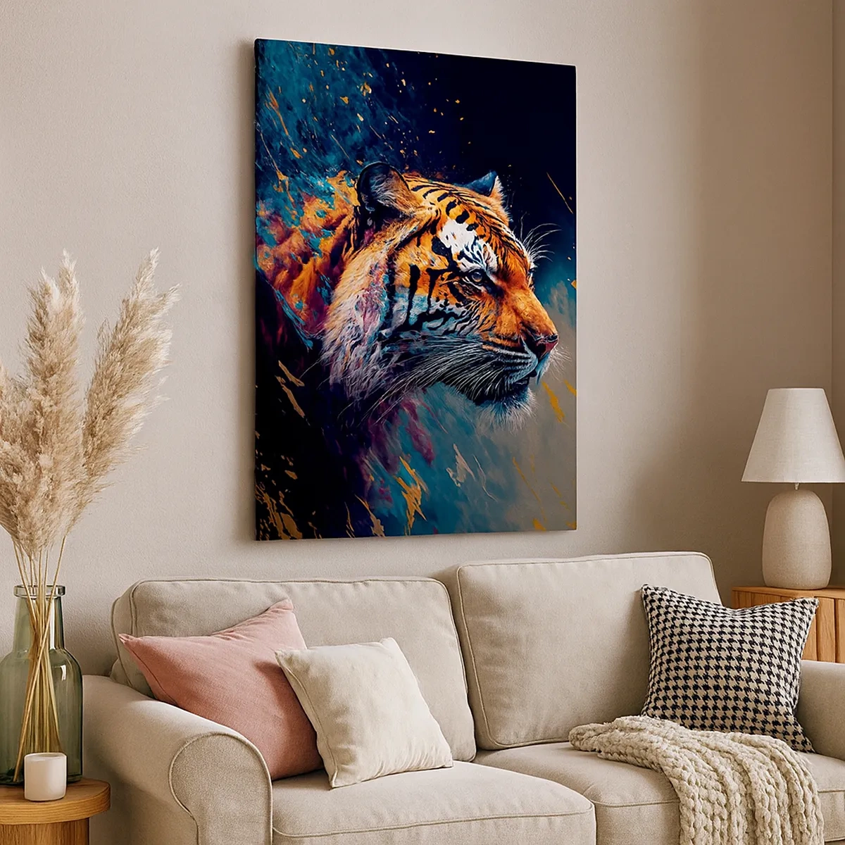 Bild auf Leinwand - Leinwandbild - Portrait eines Tigers in dynamischen, abstrakten Farben - 50x70cm - Wilde Schönheit - Moderne Wanddekoration für Wohnzimmer und Schlafzimmer ARTTOR