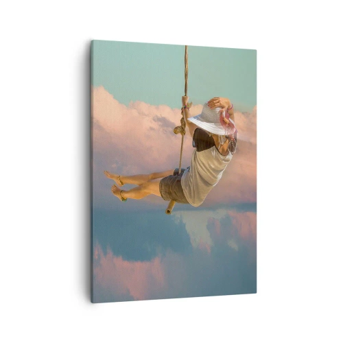 Bild auf Leinwand - Leinwandbild - Frau auf einer Schaukel zwischen rosa Wolken - 50x70cm - Spaß in den Wolken - Moderne Wanddekoration für Wohnzimmer und Schlafzimmer ARTTOR