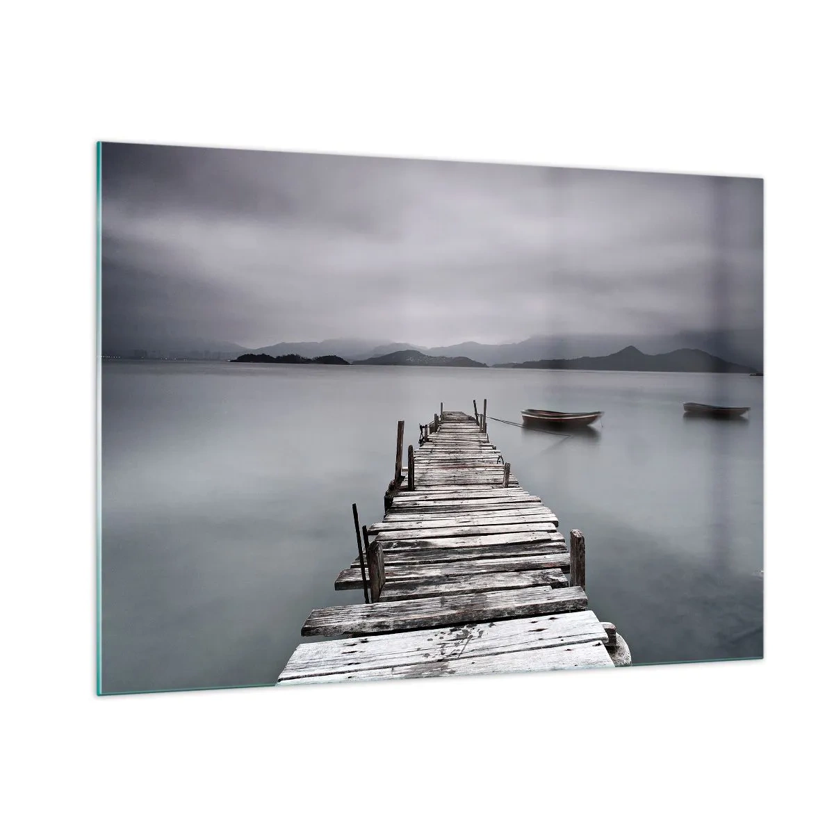 Glasbild - Bild auf glas - Ein Holzsteg auf einem See an einem nebligen Tag - 100x70cm - Du kannst morgen gehen - Moderne Wanddekoration für Wohnzimmer und Schlafzimmer ARTTOR
