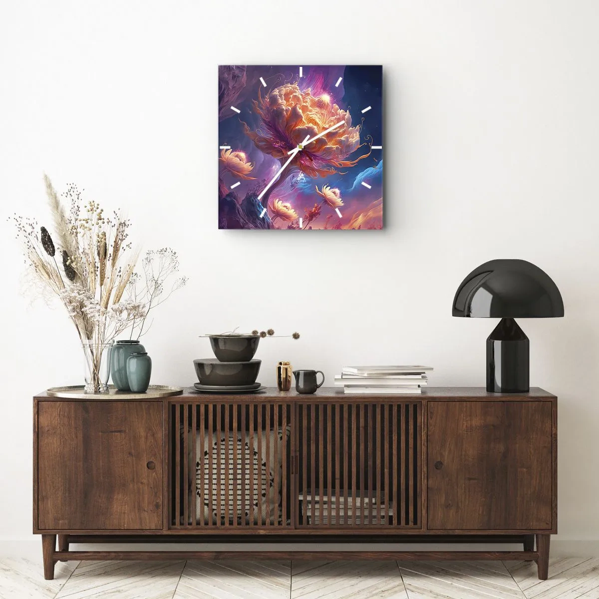 Wanduhr - Glasuhr - Fantasieblumen in einer kosmischen Landschaft - 30x30cm - Andere Welt - Moderne Wanddekoration für Wohnzimmer und Schlafzimmer ARTTOR