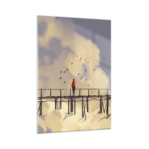 Glasbild - Bild auf glas - Ein Mann auf einer Holzbrücke, umgeben von Wolken - 50x70cm - Blaue Sehnsucht - Moderne Wanddekoration für Wohnzimmer und Schlafzimmer ARTTOR