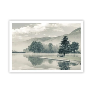 Poster - Ein malerischer See mit einer Bank und Nebel im Hintergrund - 100x70cm - Der See schläft noch - Moderne Wanddekoration für Wohnzimmer und Schlafzimmer ARTTOR