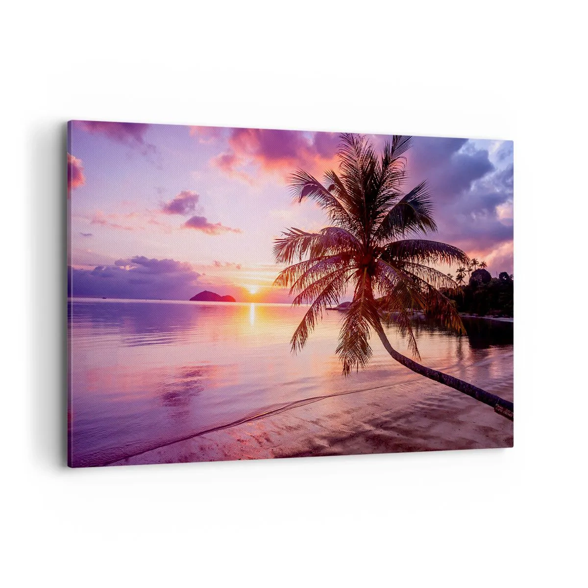 Bild auf Leinwand - Leinwandbild - Tropischer Strand mit Palmen bei Sonnenuntergang - 120x80cm - Behaglichkeit bis zum Horizont - Moderne Wanddekoration für Wohnzimmer und Schlafzimmer ARTTOR