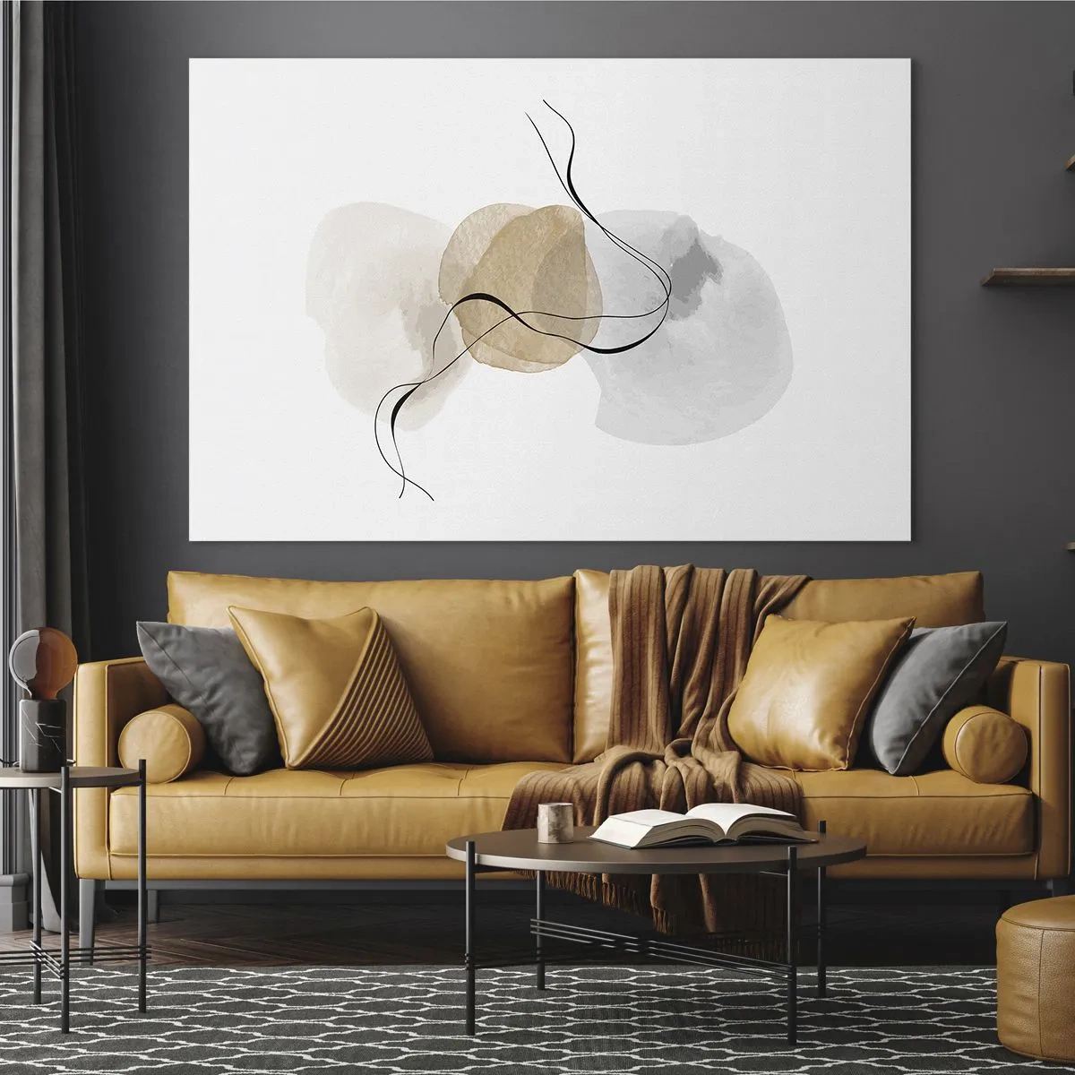 Glasbild - Bild auf glas - Eine subtile Abstraktion mit pastellfarbenen Punkten und schwarzen Linien. - 70x50cm - Luftperlen - Moderne Wanddekoration für Wohnzimmer und Schlafzimmer ARTTOR