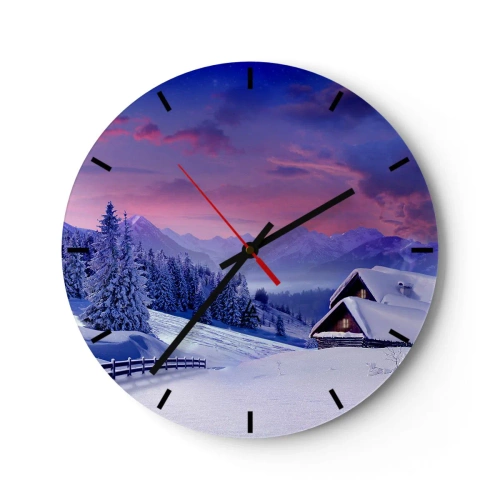 Wanduhr - Glasuhr - Winterlandschaft mit einer Hütte in den Bergen bei Sonnenuntergang - 30x30cm - Stille Nacht - Moderne Wanddekoration für Wohnzimmer, Küche und Schlafzimmer ARTTOR