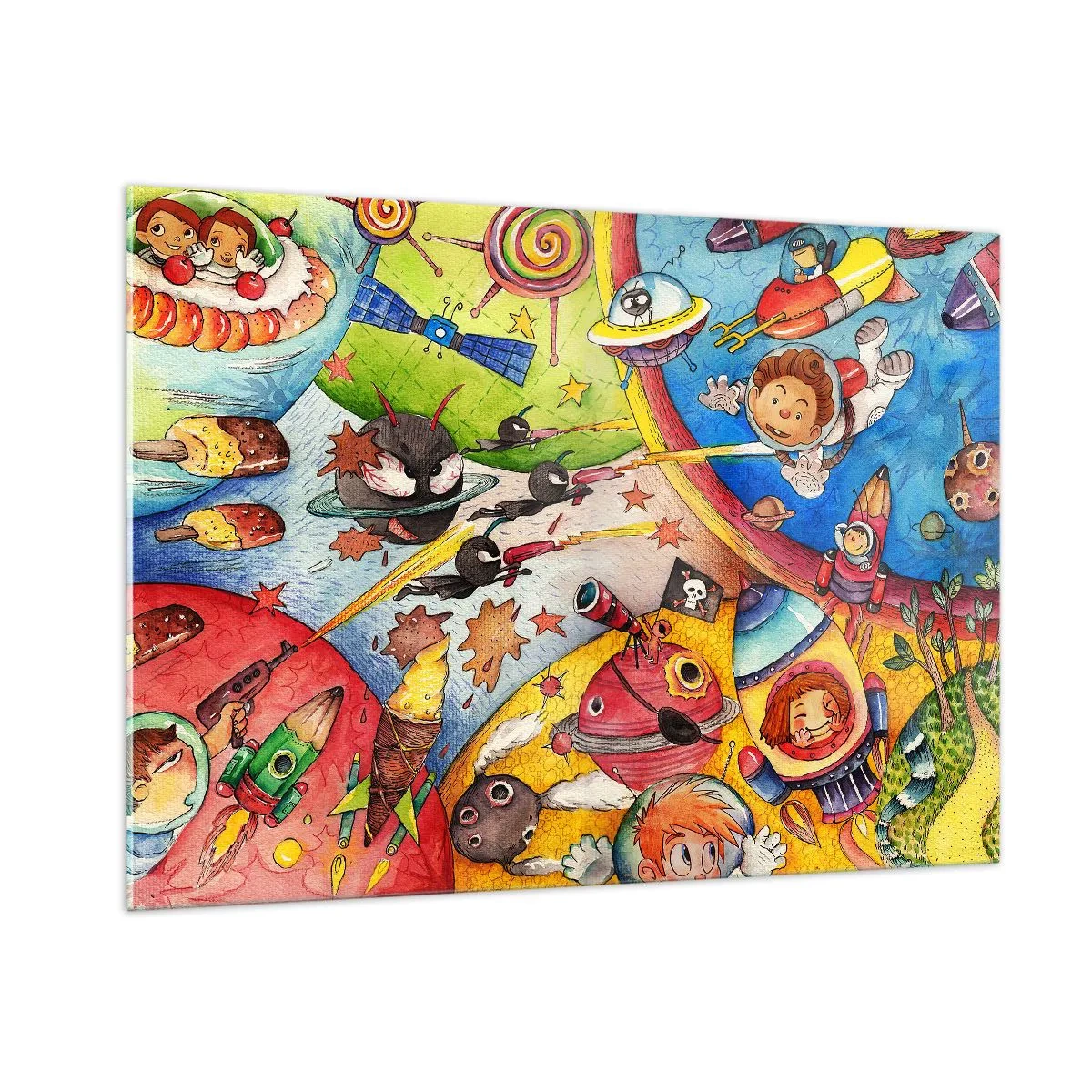 Glasbild - Bild auf glas - Eine farbenfrohe Illustration eines Weltraumabenteuers für Kinder - 100x70cm - Tolles Weltraumabenteuer - Moderne Wanddekoration für Wohnzimmer und Schlafzimmer ARTTOR