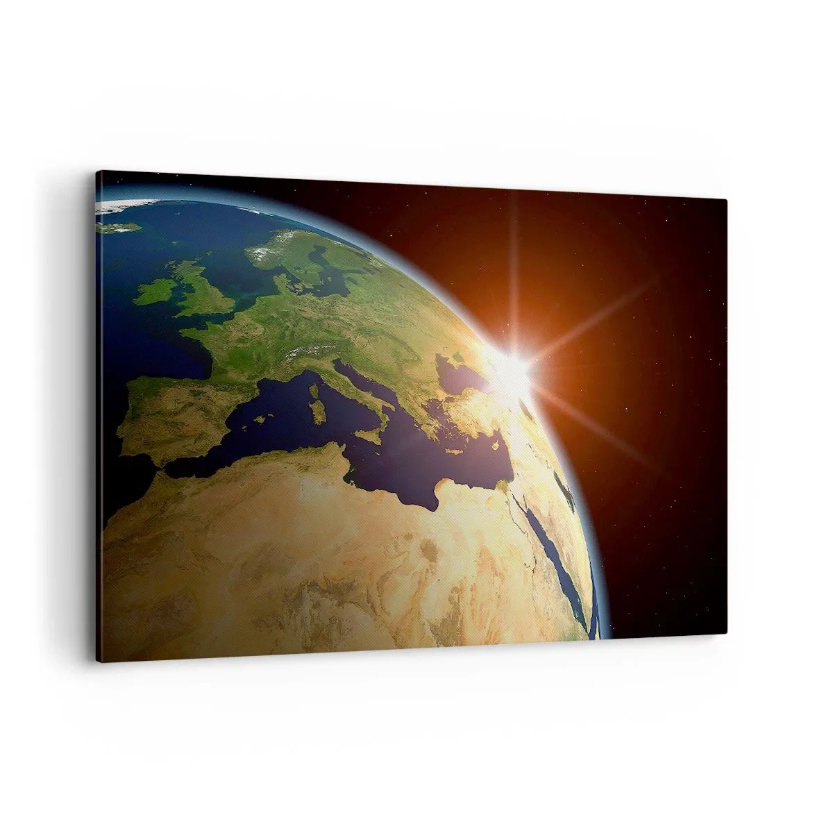 Bild auf Leinwand - Leinwandbild - Blick auf die Erde aus dem Weltraum mit Sonnenstrahlen am Horizont - 120x80cm - Sonnenaufgang - Moderne Wanddekoration für Wohnzimmer und Schlafzimmer ARTTOR