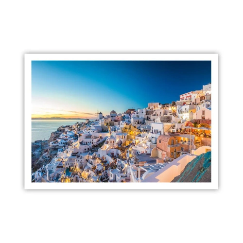 Poster - Blick auf eine griechische Stadt bei Sonnenuntergang - 100x70cm - Die Essenz des Griechischen - Moderne Wanddekoration für Wohnzimmer und Schlafzimmer ARTTOR