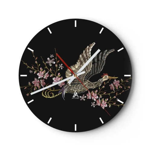 Wanduhr - Glasuhr - Ein Vogel im Flug zwischen Blumen auf schwarzem Hintergrund - 30x30cm - Exotischer gestickter Vogel - Moderne Wanddekoration für Wohnzimmer, Küche und Schlafzimmer ARTTOR