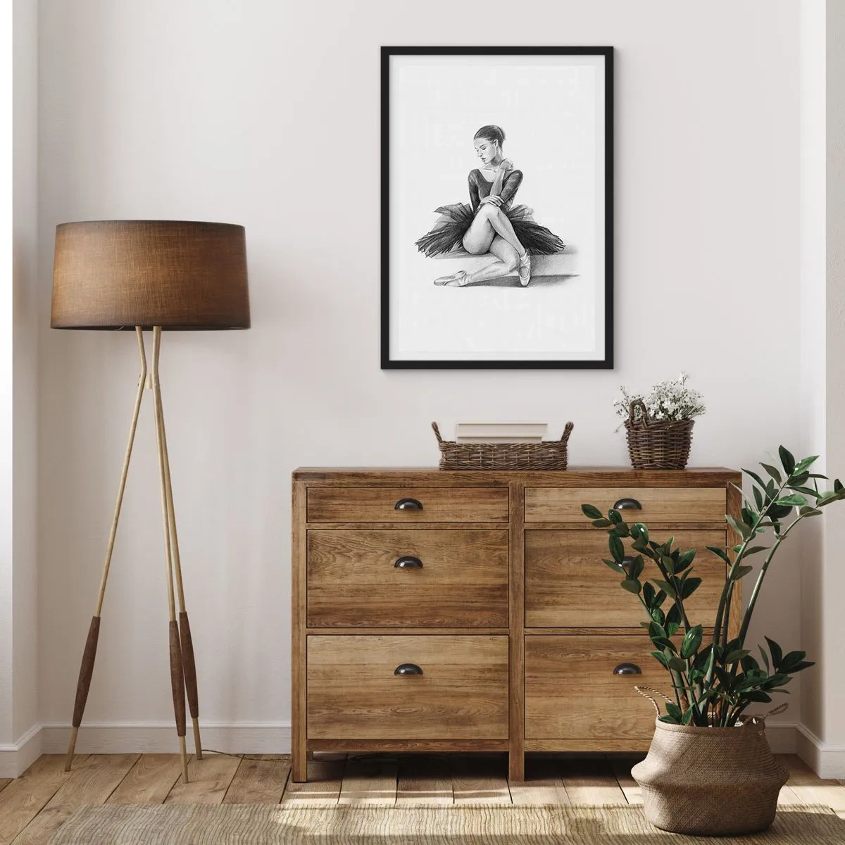Poster in einem schwarzem Rahmen - Skizze einer ruhenden Ballerina - 50x70cm - Vom Tanz verzaubert - Moderne Wanddekoration für Wohnzimmer und Schlafzimmer ARTTOR