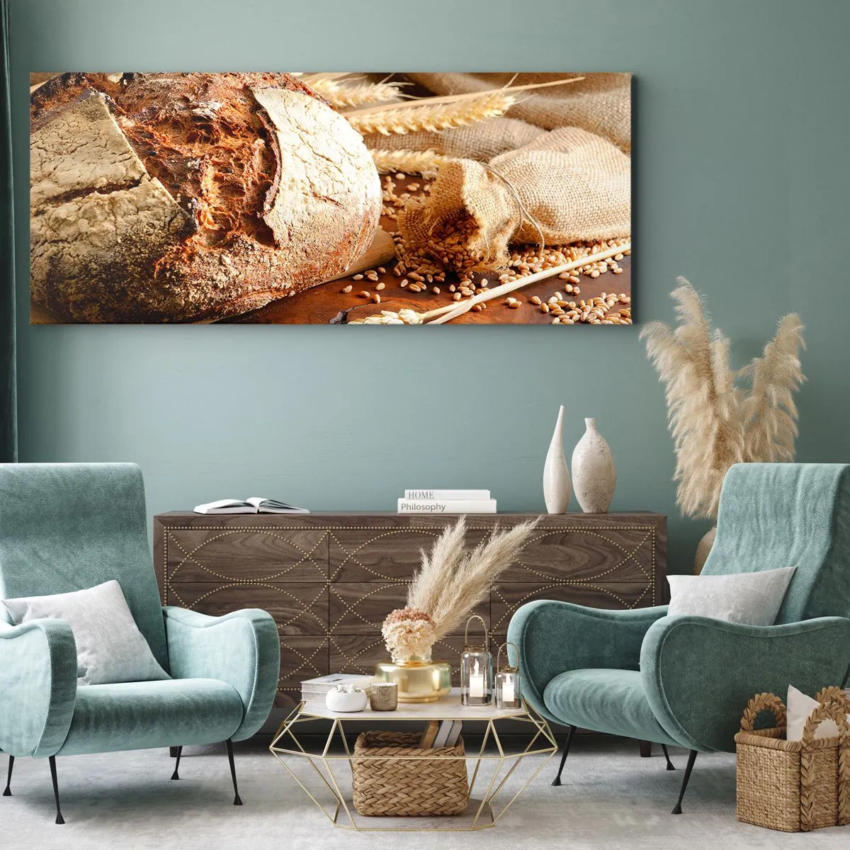 Bild auf Leinwand - Leinwandbild - Knuspriges Brot mit Körnern und Weizenähren auf Holzhintergrund - 120x50cm - Appetitanregend, duftend, knackig - Moderne Wanddekoration für Wohnzimmer und Schlafzimmer ARTTOR