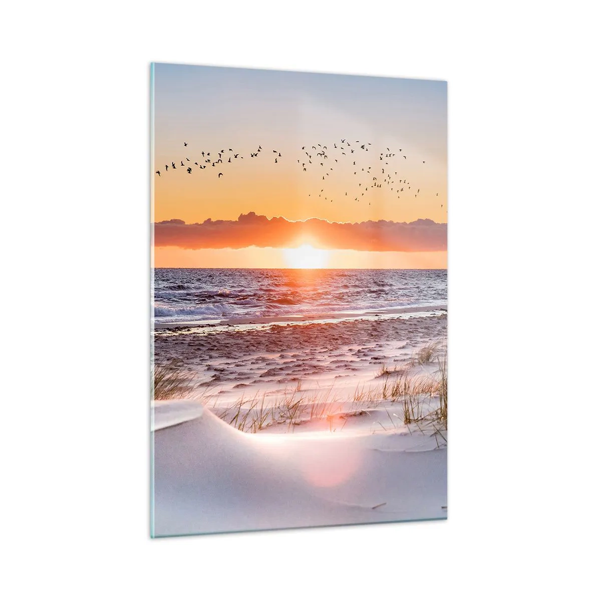 Glasbild - Bild auf glas - Sonnenuntergang über dem Meer mit Vögeln und Sanddünen - 50x70cm - Horizontale Landschaft - Moderne Wanddekoration für Wohnzimmer und Schlafzimmer ARTTOR