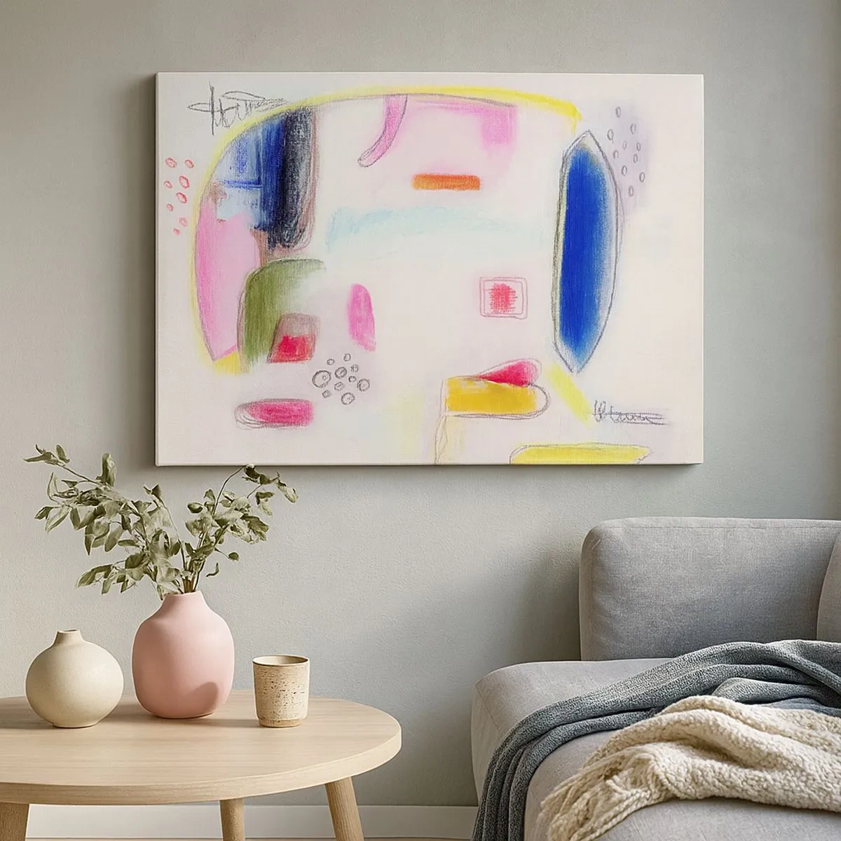 Bild auf Leinwand - Leinwandbild - Bunte abstrakte Formen auf hellem Hintergrund - 70x50cm - Eher konvex als konkav oder flach - Moderne Wanddekoration für Wohnzimmer und Schlafzimmer ARTTOR