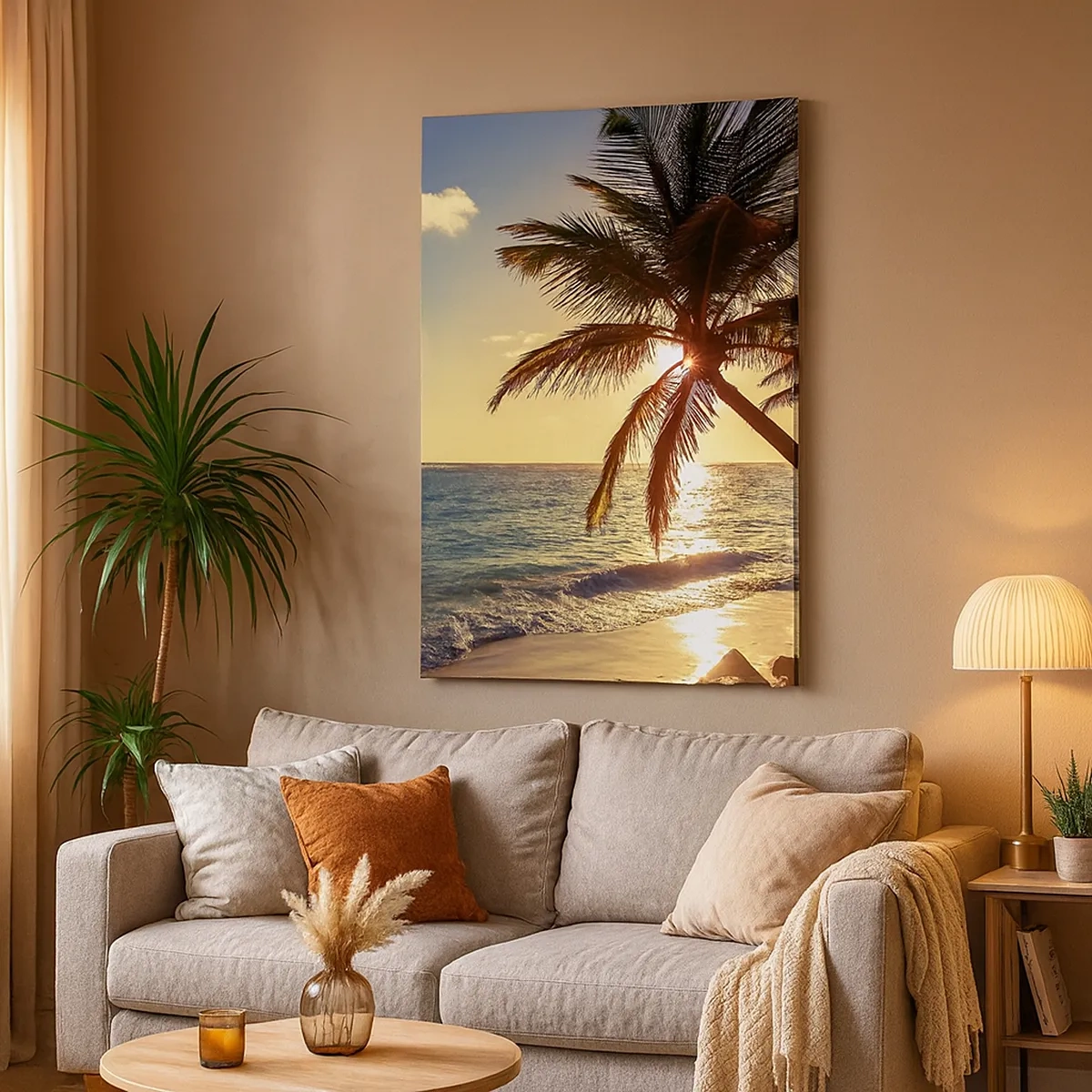 Bild auf Leinwand - Leinwandbild - Tropischer Sonnenuntergang über einem Strand mit Palmen - 50x70cm - Sommer unter Palmen - Moderne Wanddekoration für Wohnzimmer und Schlafzimmer ARTTOR