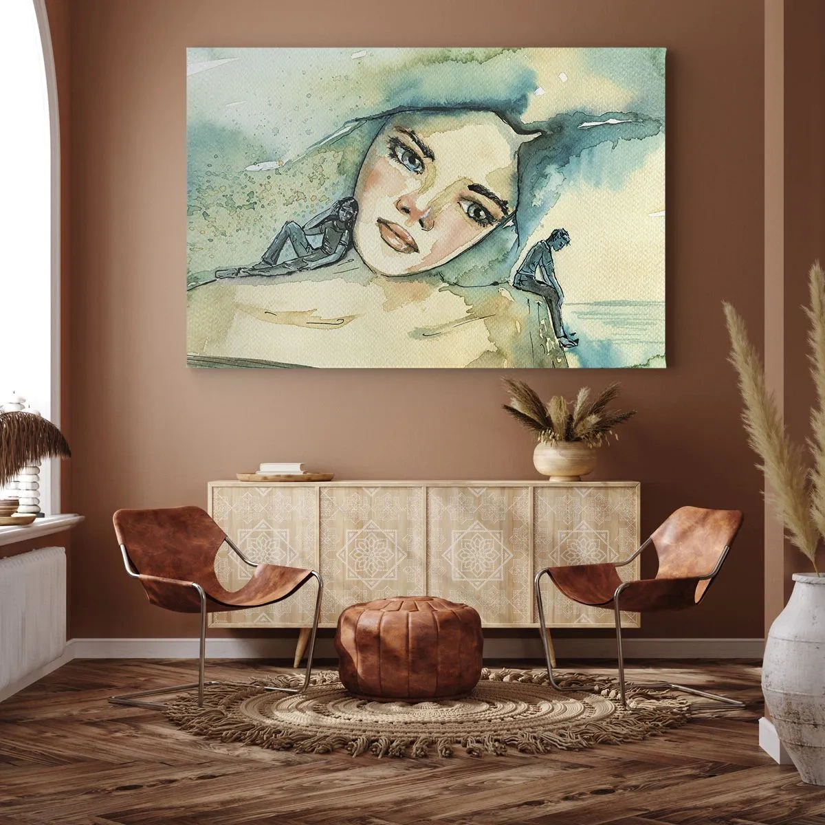 Bild auf Leinwand - Leinwandbild - Aquarell eines Frauengesichts mit reflektierendem Motiv - 120x80cm - Bin ich blau? - Moderne Wanddekoration für Wohnzimmer und Schlafzimmer ARTTOR