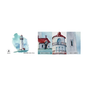 Fototapeten Muster Premium Canvas - Sanfte Schwester vom Blau - Leuchtturm, Strand, Zeichnung - 100x30 cm
