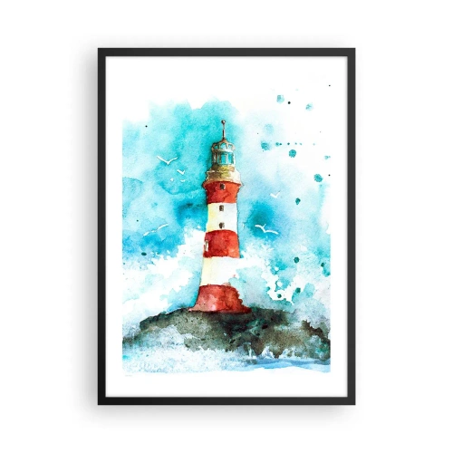 Poster in einem schwarzem Rahmen - Leuchtturm im Aquarellstil mit Meereswellen - 50x70cm - Einheit der Elemente - Moderne Wanddekoration für Wohnzimmer und Schlafzimmer ARTTOR