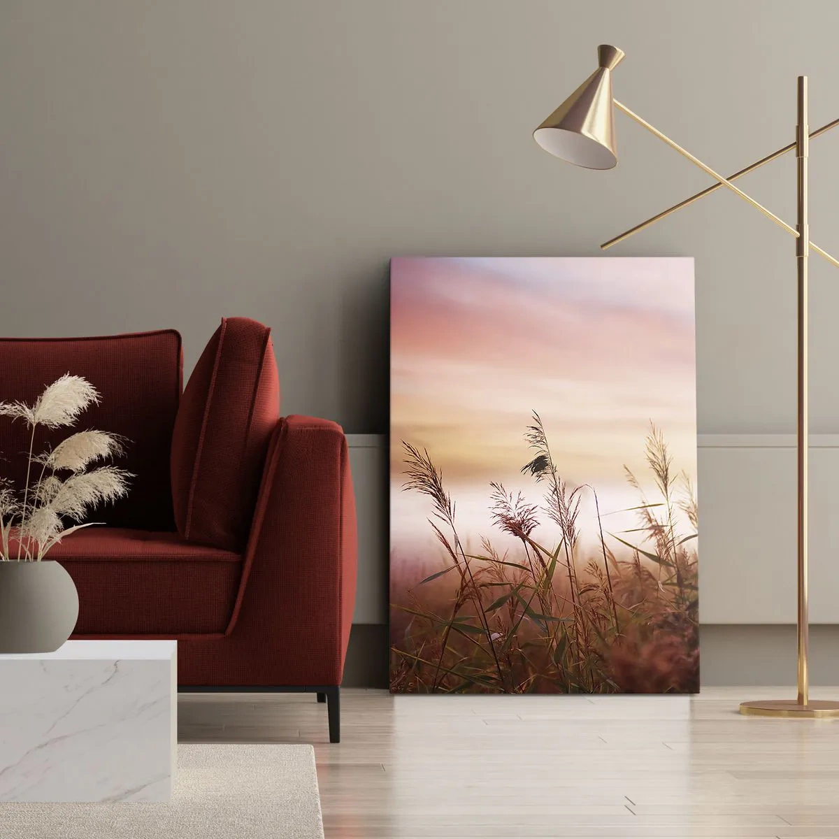 Bild auf Leinwand - Leinwandbild - Ein Grasfeld vor der Kulisse eines malerischen Sonnenuntergangs - 70x100cm - Drachen, Löwenzahn, Wind - Moderne Wanddekoration für Wohnzimmer und Schlafzimmer ARTTOR
