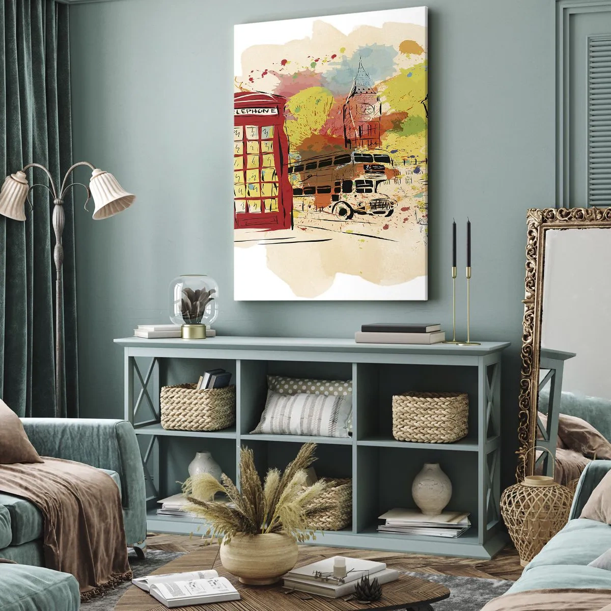 Bild auf Leinwand - Leinwandbild - London-Thema mit rotem Bus und Stand - 80x120cm - Die Stadt der Vielfalt - Moderne Wanddekoration für Wohnzimmer und Schlafzimmer ARTTOR