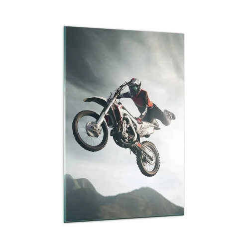 Glasbild - Bild auf glas - Motorradfahrer in der Luft bei einem Sprung - 80x120cm - Kein Spaß ohne Risiko - Moderne Wanddekoration für Wohnzimmer und Schlafzimmer ARTTOR