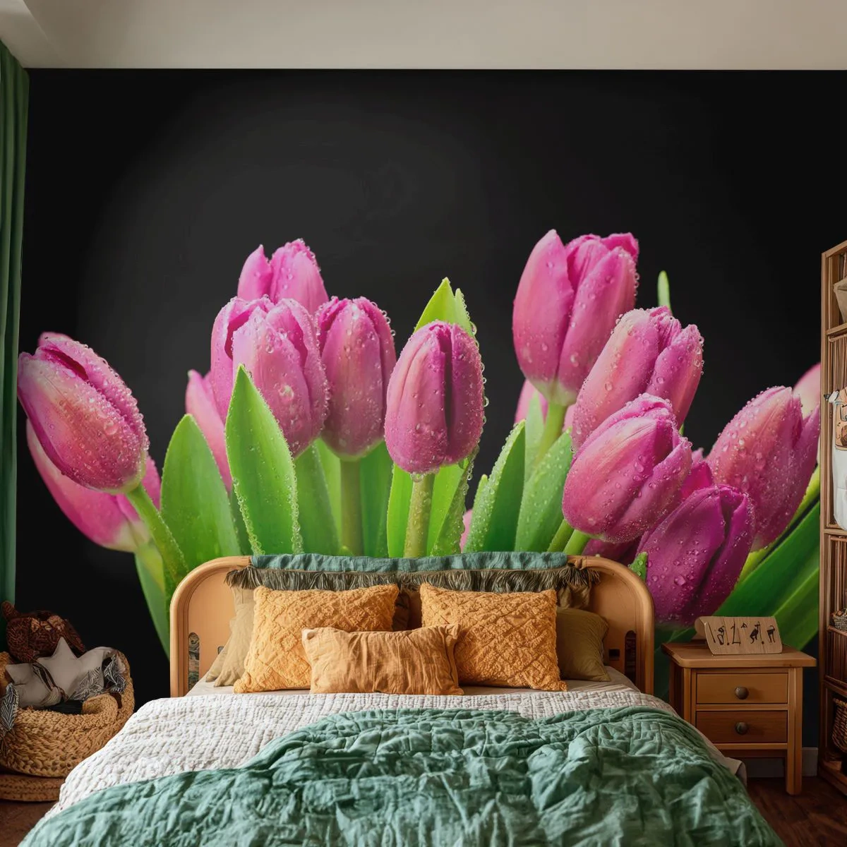 Fototapete Premium Sand - Ein Strauß rosa Tulpen mit Wassertropfen auf schwarzem Hintergrund - 100x70cm - Lila Frühlingsfreude - Moderne Wanddekoration für Wohnzimmer und Schlafzimmer ARTTOR