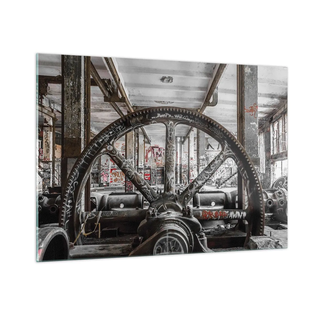 Glasbild - Bild auf glas - Historisches Industrieinterieur mit Zahnrad - 100x70cm - Das geheime Leben der Fabrik - Moderne Wanddekoration für Wohnzimmer und Schlafzimmer ARTTOR