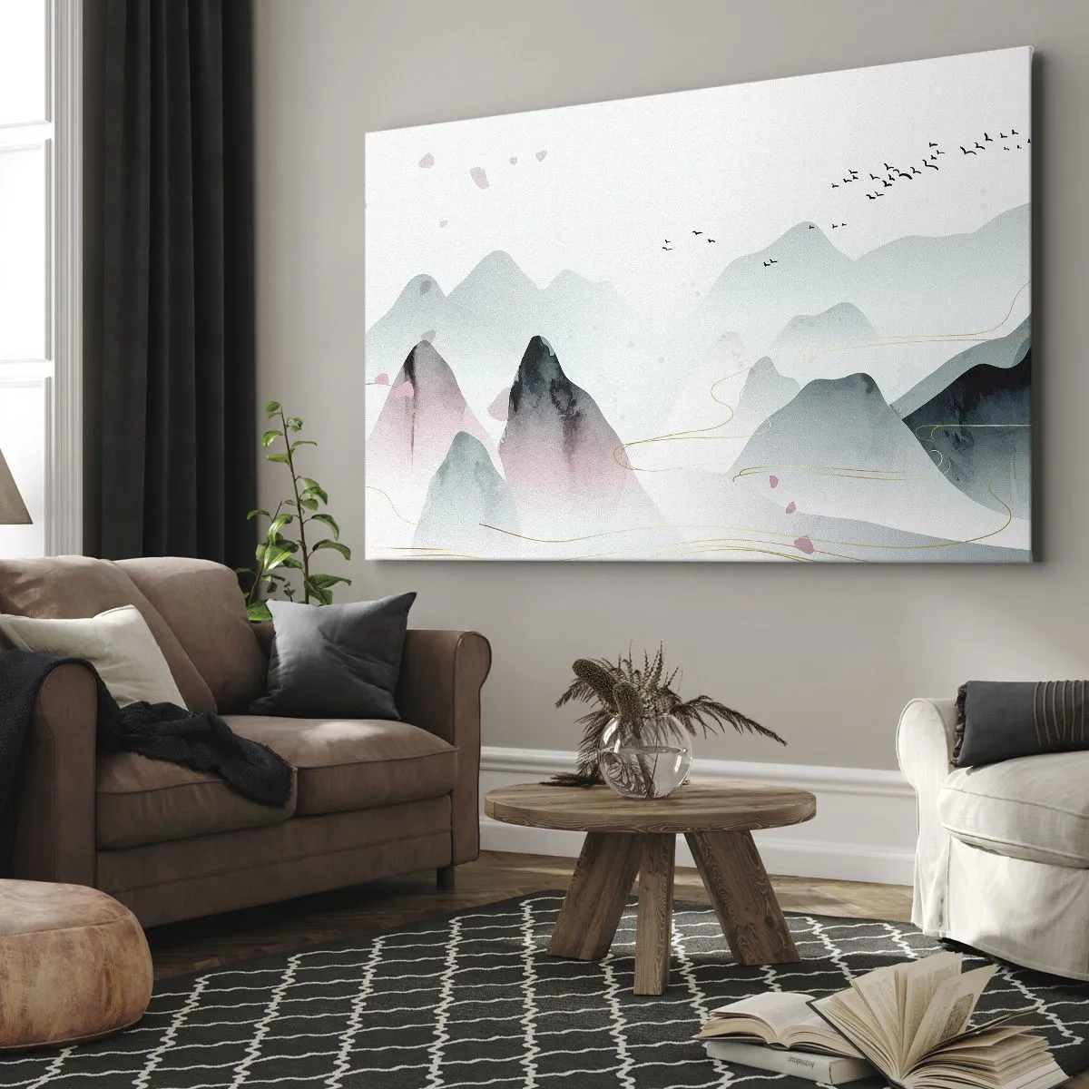 Bild auf Leinwand - Leinwandbild - Abstrakte Berge in Pastelltönen - 70x50cm - Über die Gipfel - Moderne Wanddekoration für Wohnzimmer und Schlafzimmer ARTTOR