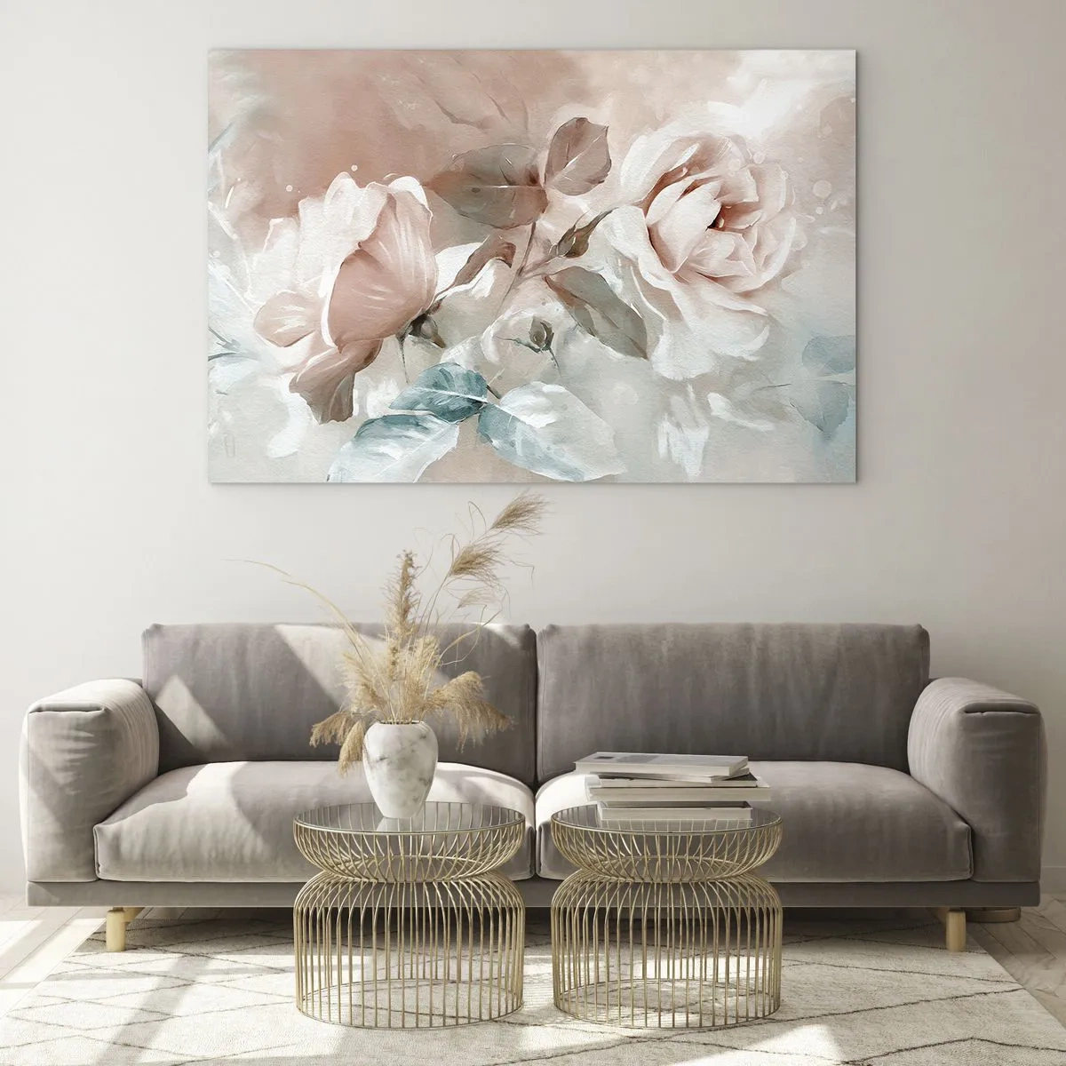Glasbild - Bild auf glas - Zarte pastellfarbene Aquarellrosen auf hellem Hintergrund - 70x50cm - Geist der Romantik - Moderne Wanddekoration für Wohnzimmer und Schlafzimmer ARTTOR