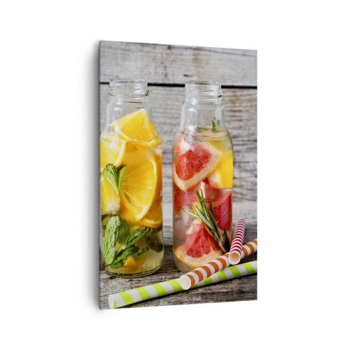Bild auf Leinwand - Leinwandbild - Flaschen mit Fruchtwasser und Kräutern auf einem hölzernen Hintergrund - 80x120cm - Von Natur aus gesund - Moderne Wanddekoration für Wohnzimmer und Schlafzimmer ARTTOR