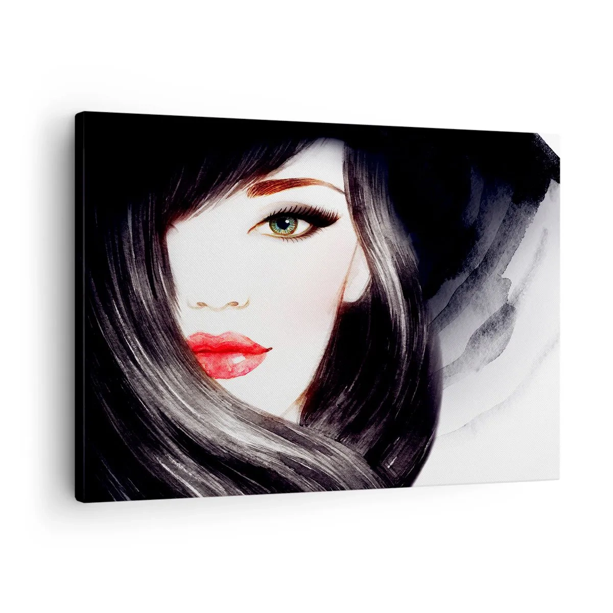 Bild auf Leinwand - Leinwandbild - Porträt einer Frau mit ausdrucksstarkem Blick und roten Lippen - 70x50cm - Saphir-Optik - Moderne Wanddekoration für Wohnzimmer und Schlafzimmer ARTTOR