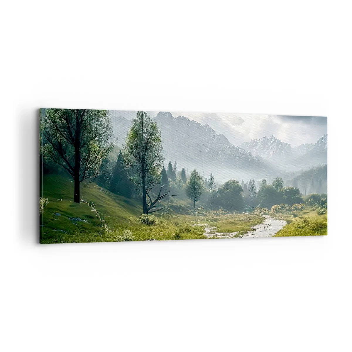 Bild auf Leinwand - Leinwandbild - Eine Berglandschaft mit einem Fluss und Bäumen, umgeben von nebligen Bergen - 120x50cm - Hin und zurück - Moderne Wanddekoration für Wohnzimmer und Schlafzimmer ARTTOR