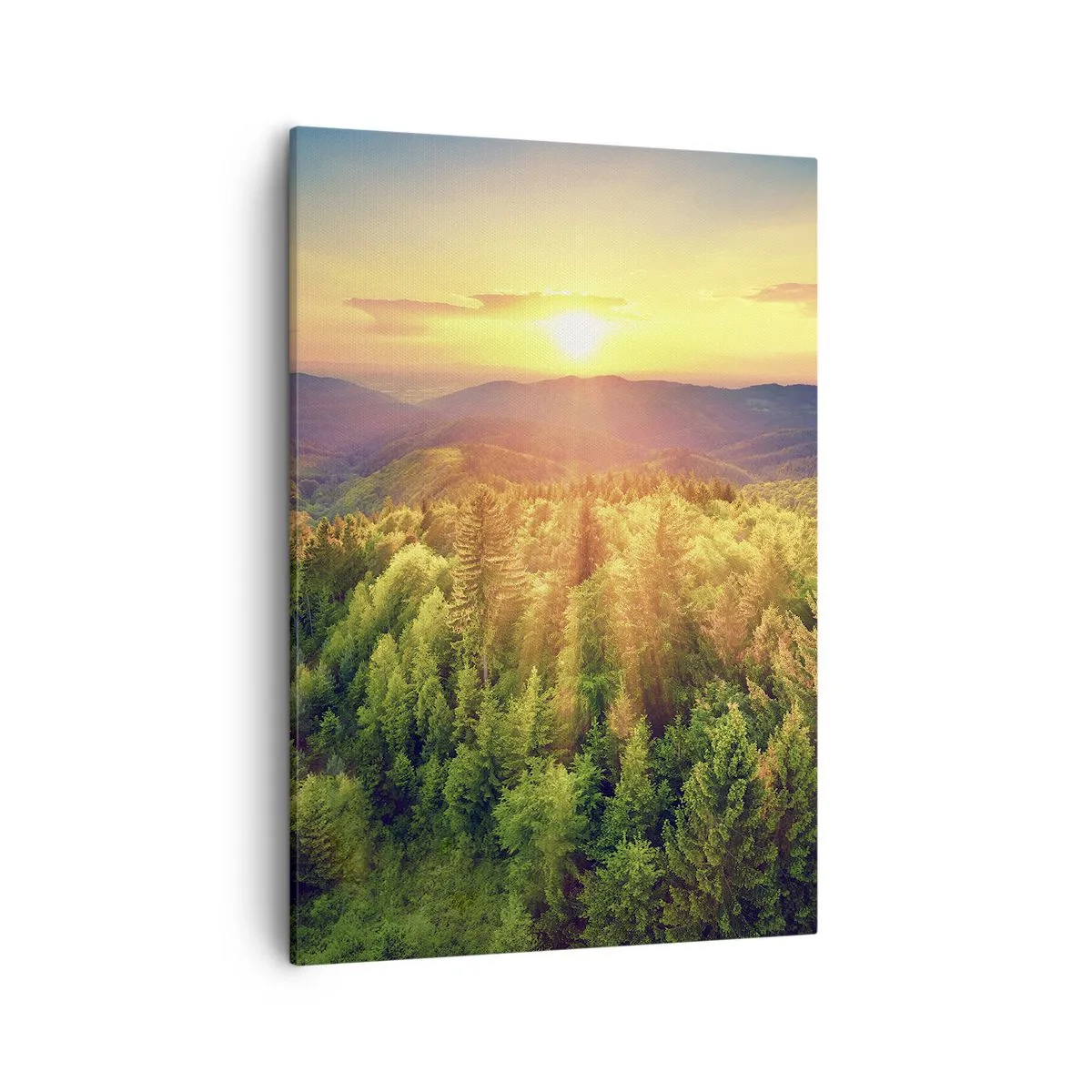 Bild auf Leinwand - Leinwandbild - Waldlandschaft mit Sonnenuntergang über den Hügeln - 50x70cm - Scheitelpunkte und Spitzen - Moderne Wanddekoration für Wohnzimmer und Schlafzimmer ARTTOR