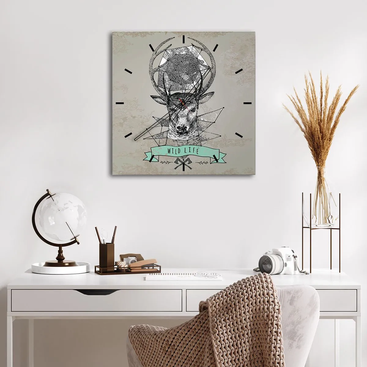 Wanduhr - Glasuhr - Hirschgeometrie im Vintage-Stil mit Wild Life-Schriftzug - 30x30cm - St. sehen Hubertus - Moderne Wanddekoration für Wohnzimmer und Schlafzimmer ARTTOR