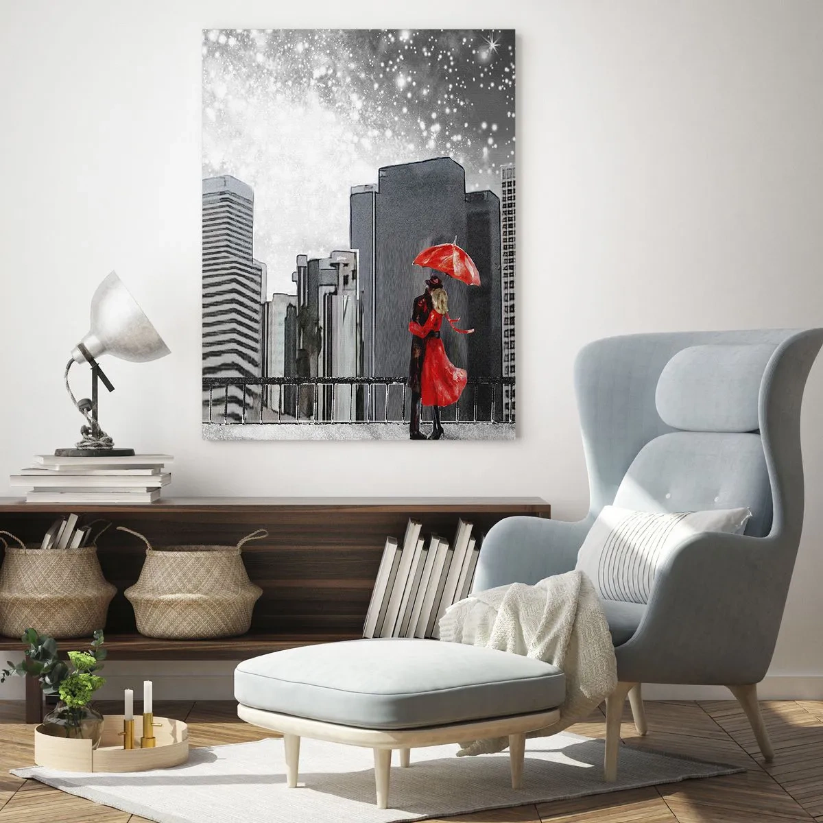 Glasbild - Bild auf glas - Ein Paar in Rot mit einem Regenschirm vor dem Hintergrund einer Stadtlandschaft - 70x100cm - Der Mensch ist kein Stein - Moderne Wanddekoration für Wohnzimmer und Schlafzimmer ARTTOR