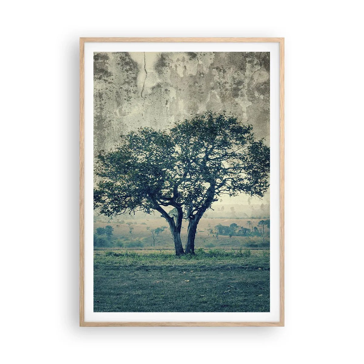 Poster in einem Rahmen aus heller Eiche - Ein Apfelbaum auf blauem Feld? - 70x100 cm