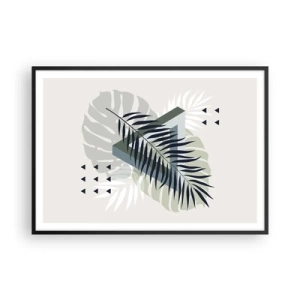 Poster in einem schwarzem Rahmen - Geometrische Komposition mit tropischen Blättern in Grüntönen - 100x70cm - Natur und Geometrie – zwei Ordnungen? - Moderne Wanddekoration für Wohnzimmer und Schlafzimmer ARTTOR