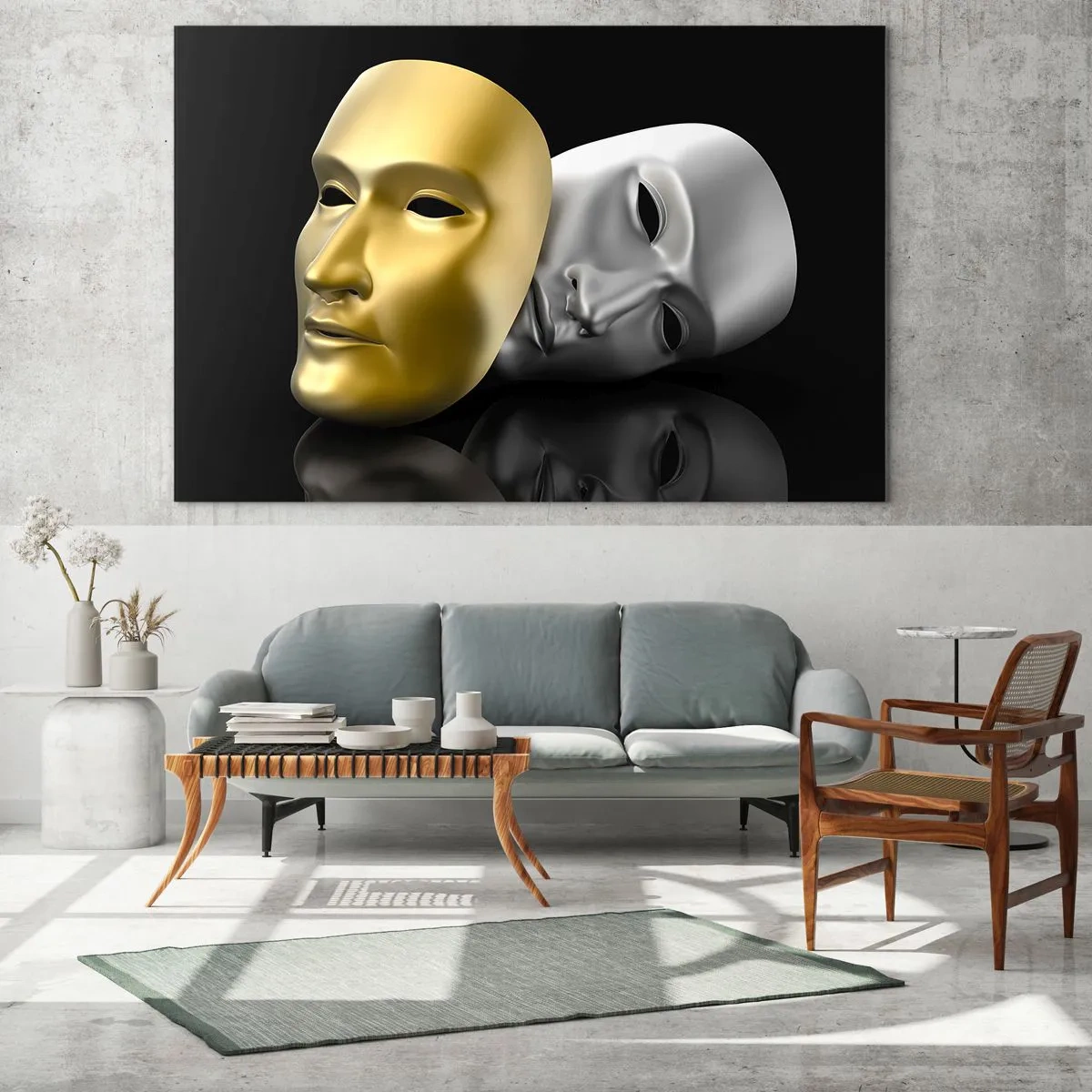 Glasbild - Bild auf glas - Gold- und Silbermaske auf schwarzem Hintergrund - 100x70cm - Das Leben ist wie ein Theater - Moderne Wanddekoration für Wohnzimmer und Schlafzimmer ARTTOR