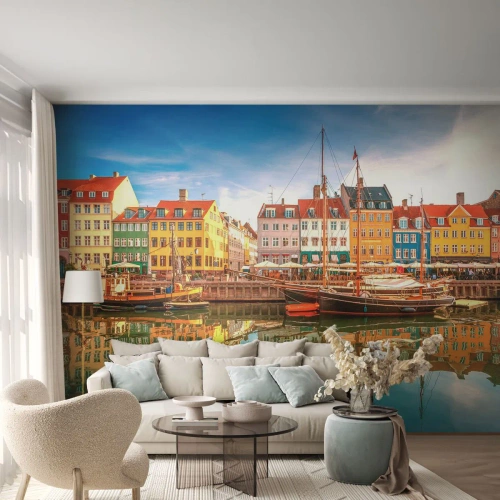 Fototapete Premium Canvas - Bunte Grachtenhäuser in Kopenhagen - 100x70cm - Glatt wie ein Spiegel über dem Wasser - Moderne Wanddekoration für Wohnzimmer und Schlafzimmer ARTTOR
