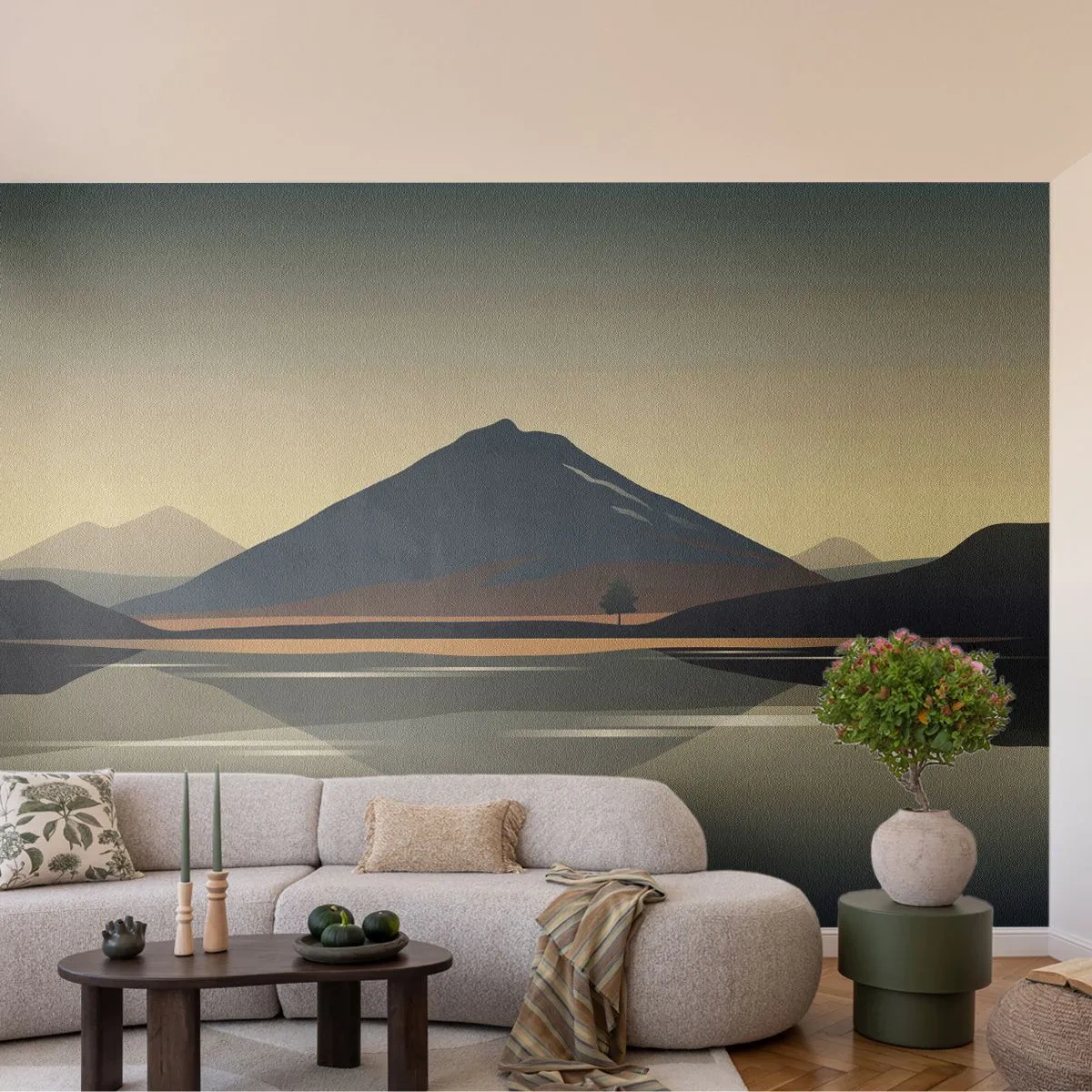 Fototapete Premium Canvas - Minimalistische Berglandschaft mit Spiegelung im Wasser - 100x70cm - Spiegelreflexion - Moderne Wanddekoration für Wohnzimmer und Schlafzimmer ARTTOR